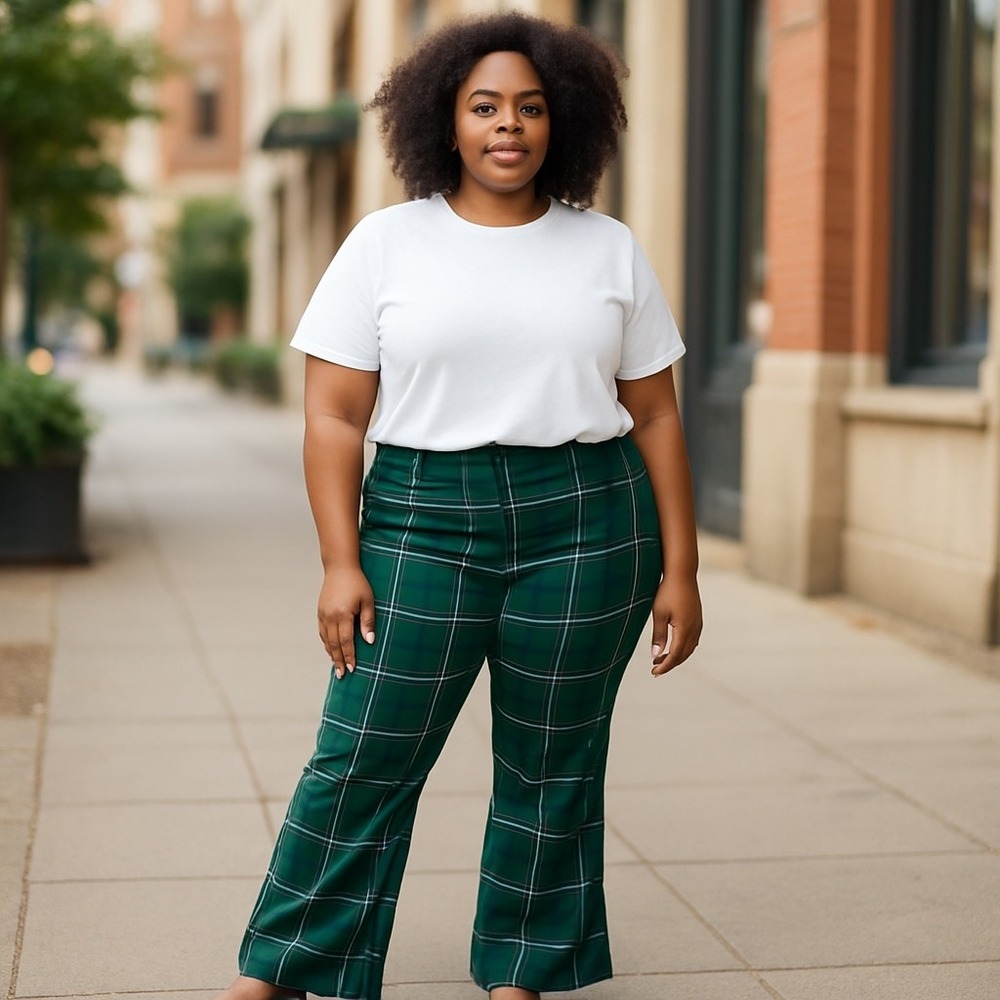 Unique Vintage x Frosty the Snowman Plaid‎ Flare Pants 5X Green Pink